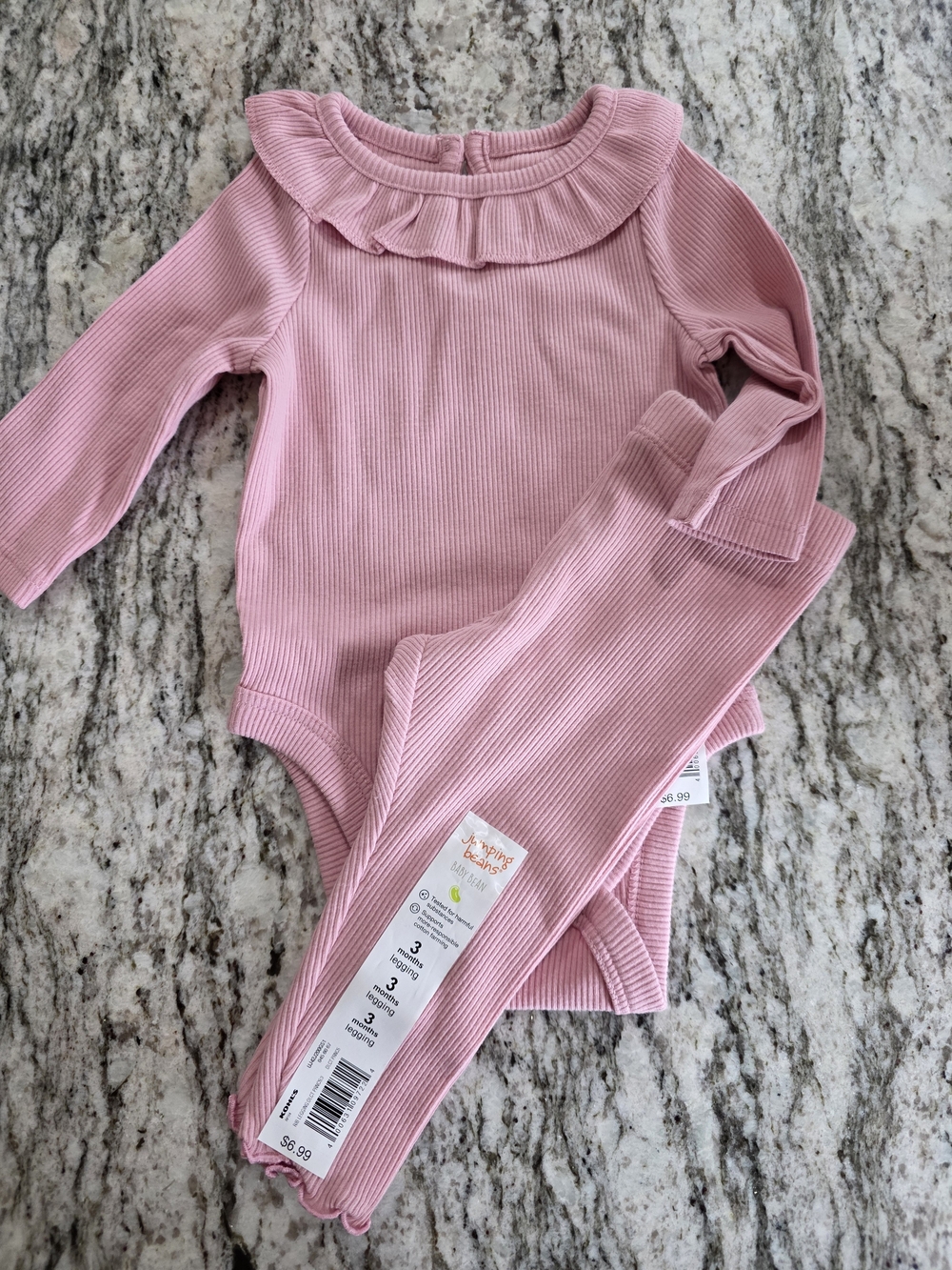Ribbed Pink Ruffle Collar Baby Bodysuit & Leggings Set 3months